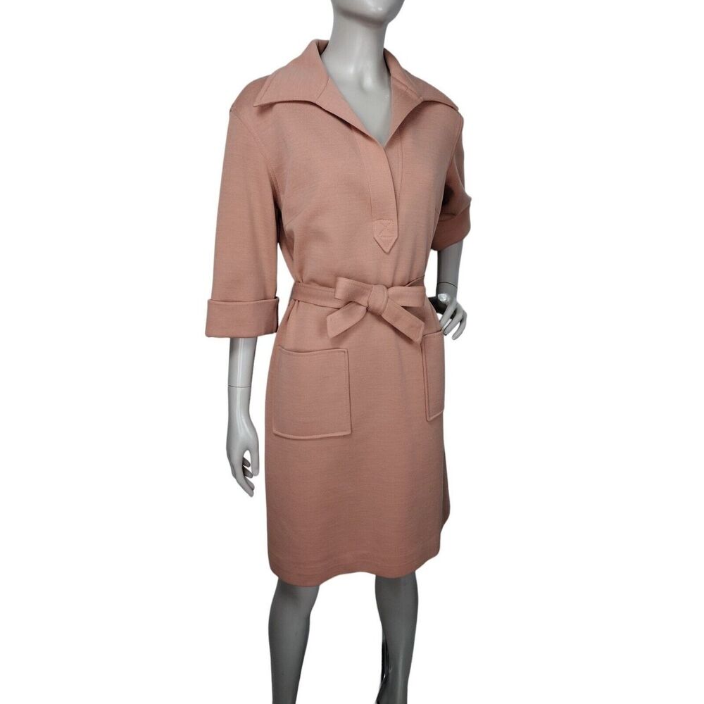 Vintage 60s Butte MOD Wool Blend Knit Dagger Collar Belted Brown Dress Size M